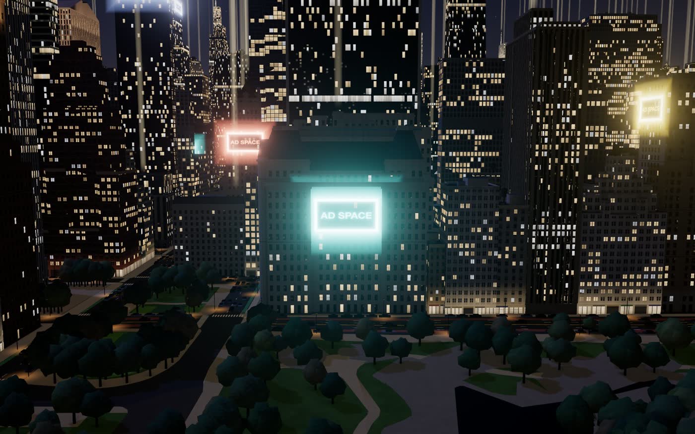The Plaza Hotel at night in the AdSkyline map, its ad space glowing in neon on the facade facing Central Park.