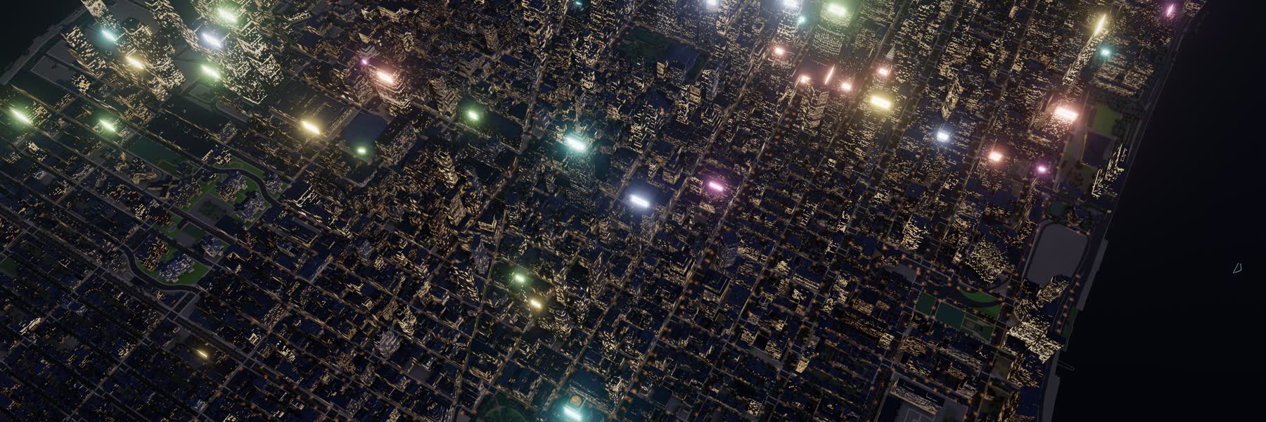 Manhattan from above at night in the AdSkyline map, ad spaces glowing on the landmarks.