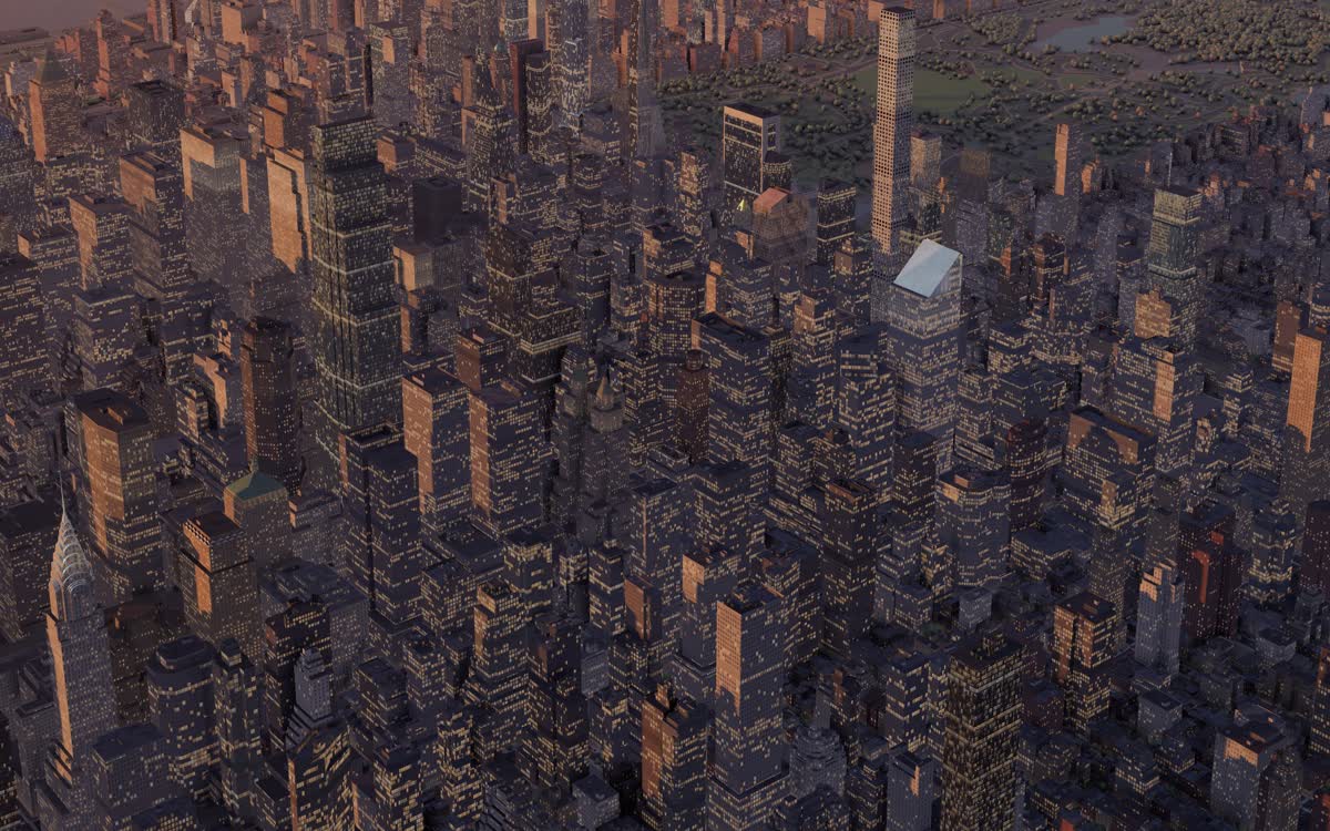 An aerial view of Midtown at dusk in the AdSkyline map, Central Park beyond, the Chrysler Building at the lower left.