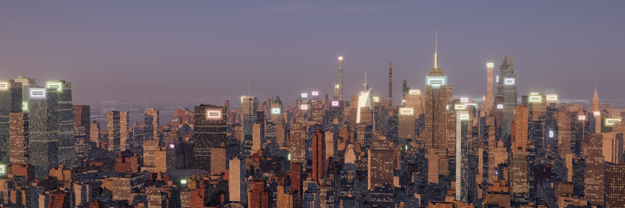 Midtown Manhattan at dusk in the AdSkyline map, the Empire State Building in the centre, glowing ad spaces on the landmarks.